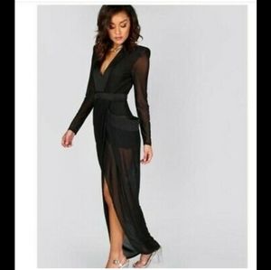 Romwe Deep V Neck Shoulder Pad Sheer Dress